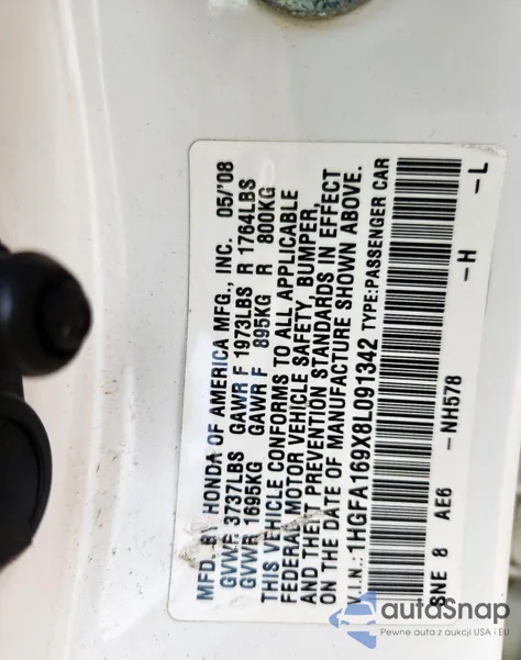 2008 Honda Civic Exl из США, поврежденный, VIN 1HGFA169X8L091342